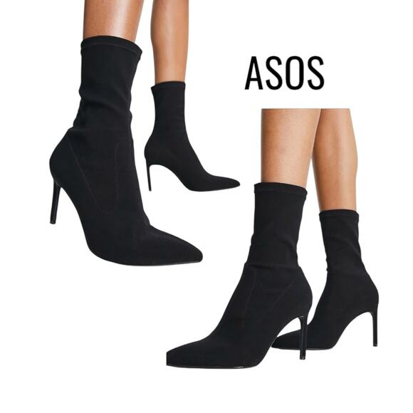 Asos Design Boots Women's Size 9.5M Black Esmerelda High Heeled Sock Stretch - Picture 2 of 11
